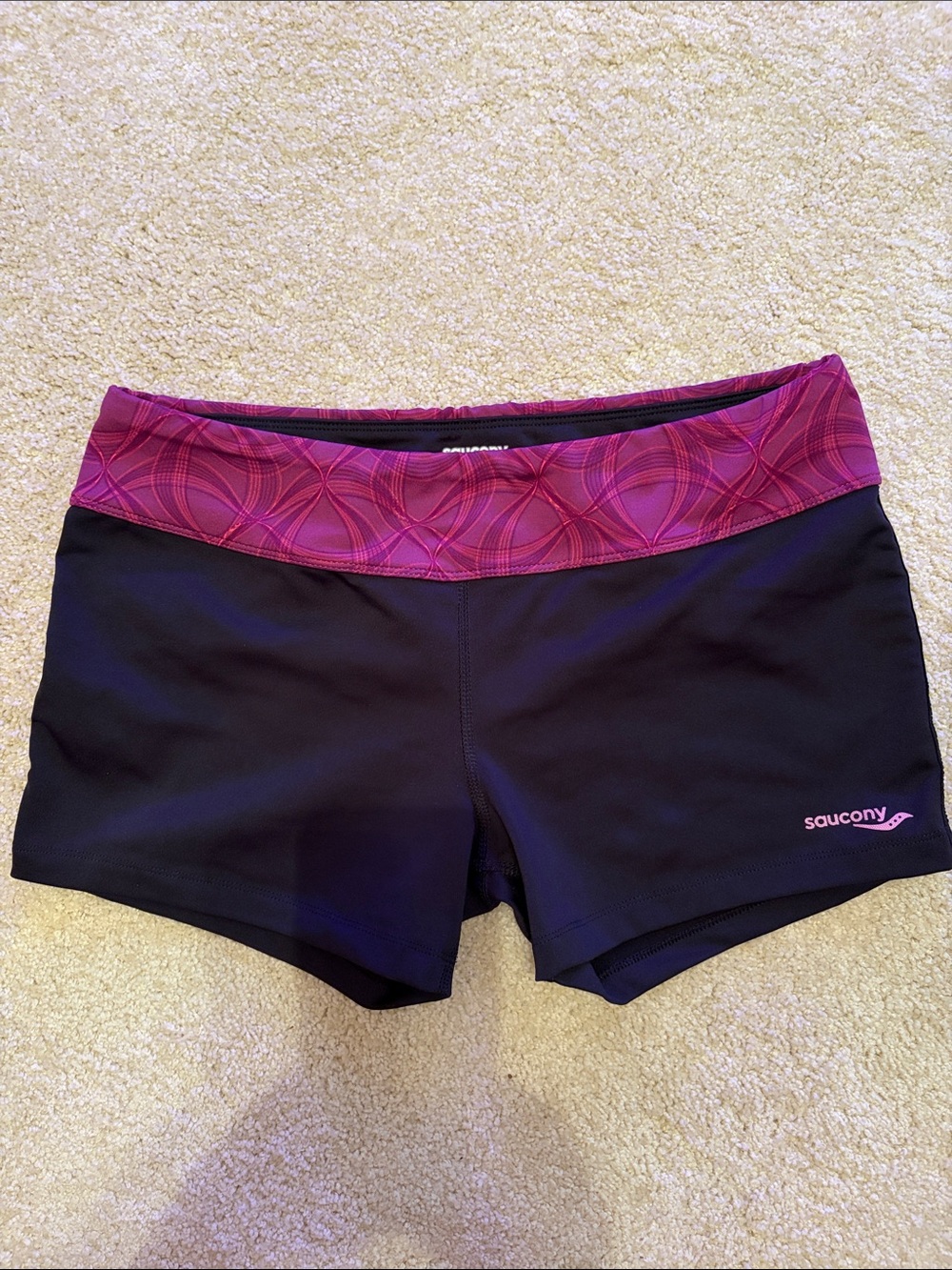 Saucony Black Athletic Shorts with Pink Patterned Waistband